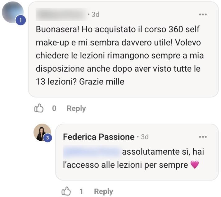 Screenshot di un messaggio nella community del corso su Skool, nome e foto oscurati, con la risposta di Federica