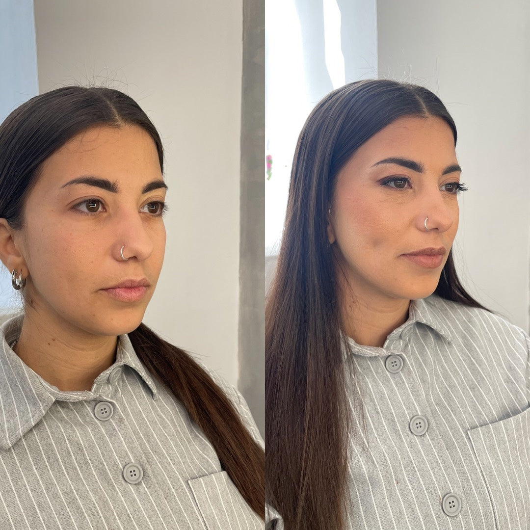 Prima e dopo, ragazza mora con coda bassa e camicia a righe: trucco di tutti i giorni fatto da Federica
