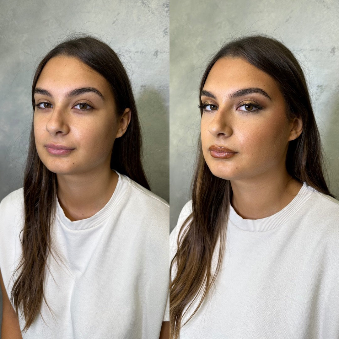 Prima e dopo, ragazza mora con t-shirt bianca: trucco di tutti i giorni fatto da Federica