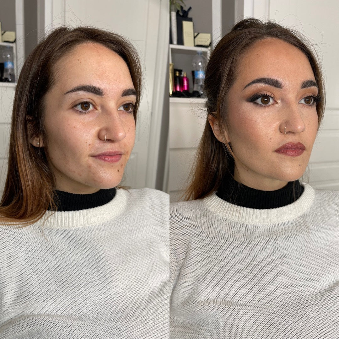 Prima e dopo, ragazza castana con dolcevita bianco: trucco di tutti i giorni fatto da Federica