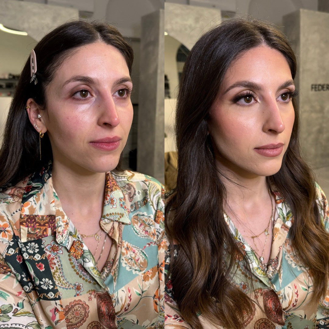 Prima e dopo, ragazza mora con camicia a fantasia: trucco di tutti i giorni fatto da Federica