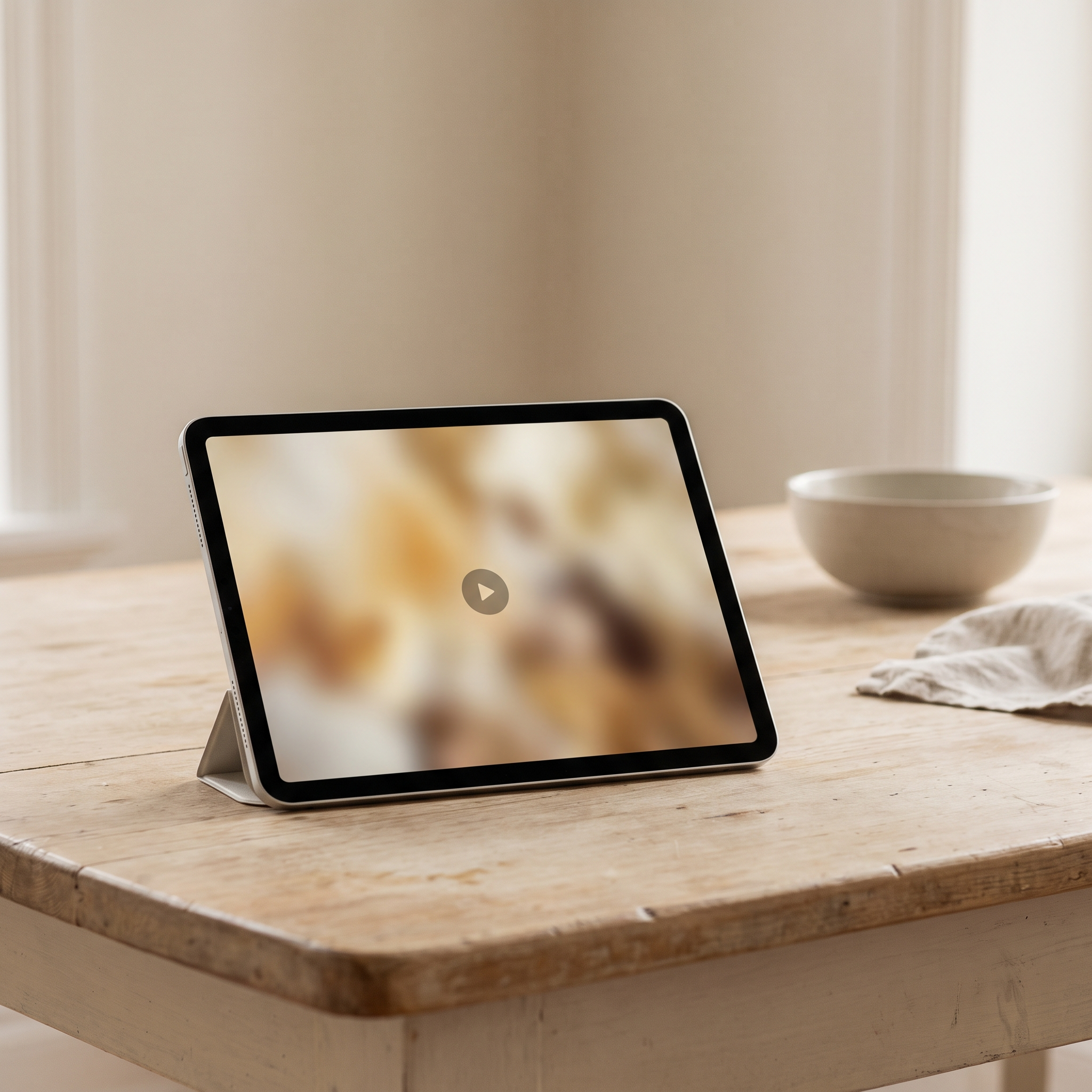 Tablet con un video su un tavolo di cucina
