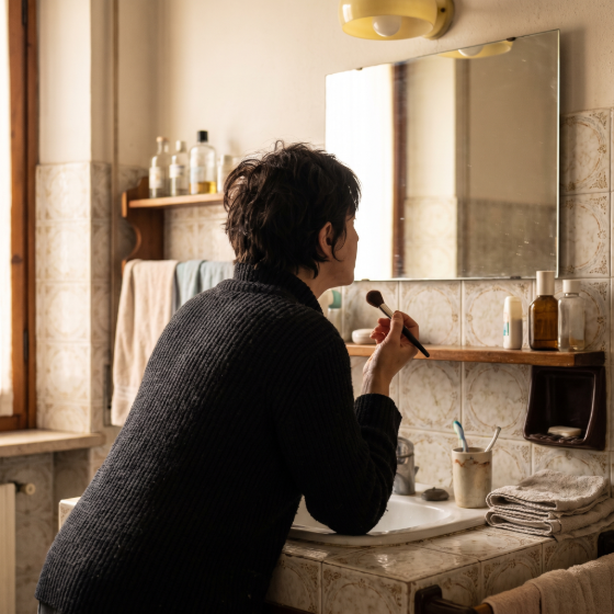 Donna davanti allo specchio del bagno con un pennello in mano